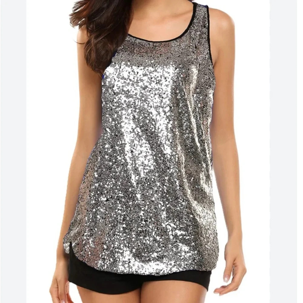 Zeagoo Sliver Glitter Sequin Tunic Tank Top - Size Large